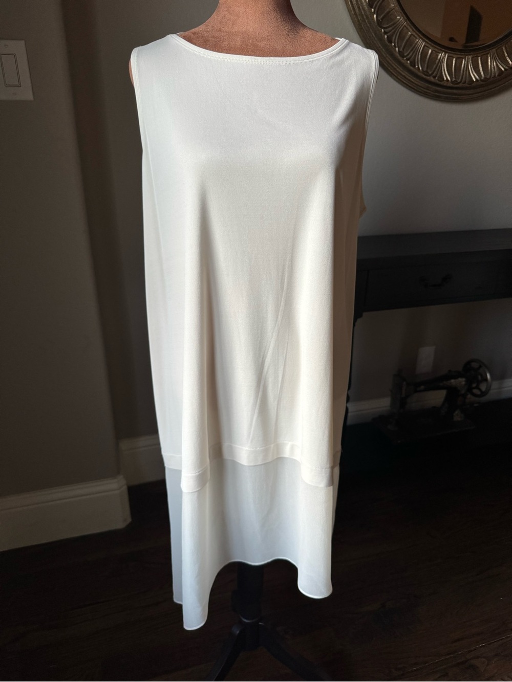 Eileen Fisher Stretch Silk Jersey Asymmetrical Hem Tunic Large Bone Cream